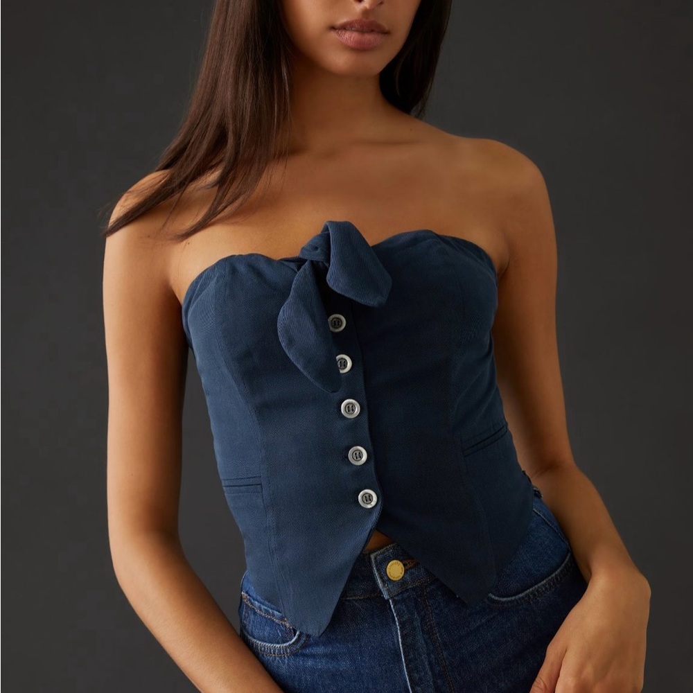 Anthropologie Navy Strapless Tie-Front Button Corset Top